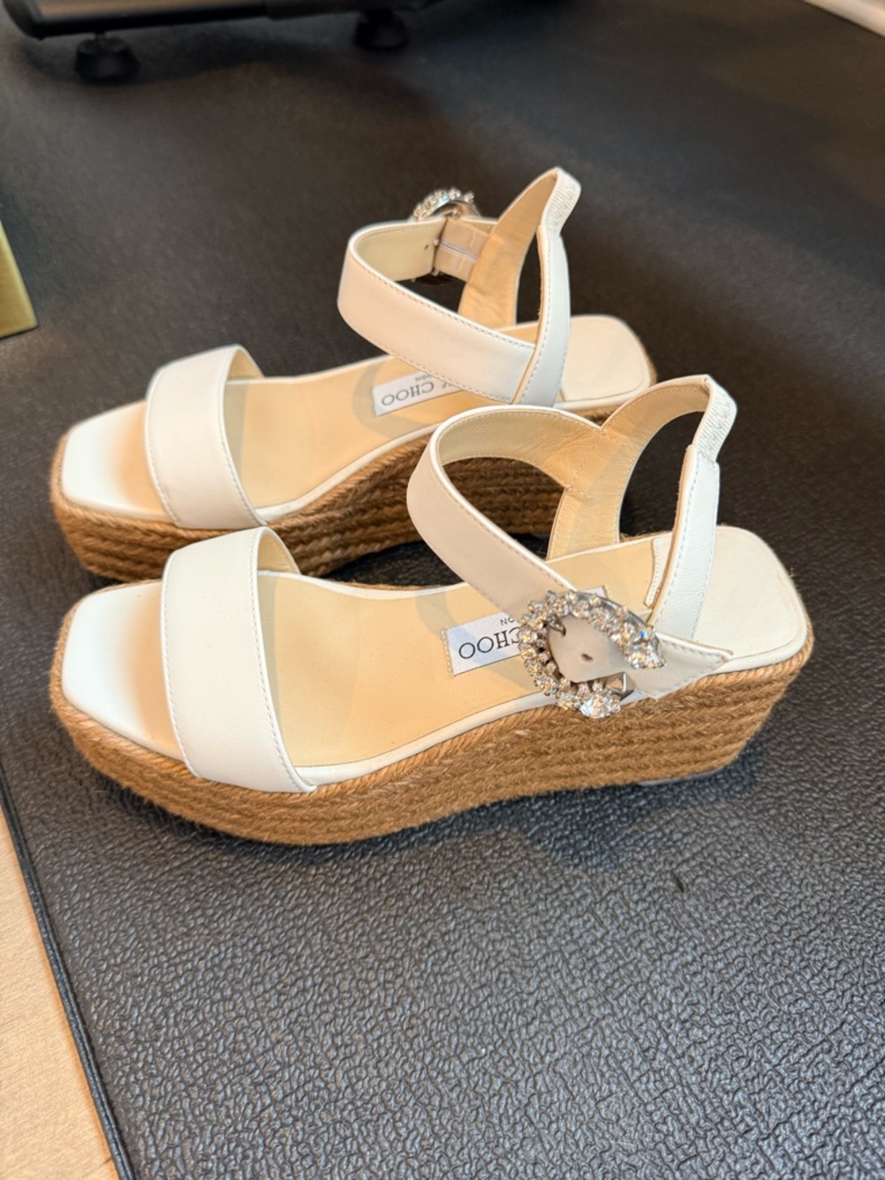 Jimmy Choo White Espadrille Wedge Sandals with Crystal Buckle